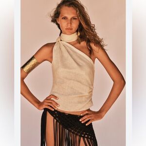 Zara 100% linen FRINGED LINEN TOP Beige ZARA United